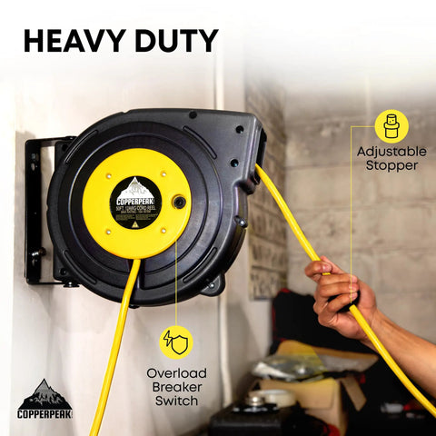 Retractable Extension Cord Reel With 50 Ft Reach, 14 AWG, 3 Outlets, Ceiling Or Wall Mount, Yellow And Grey
