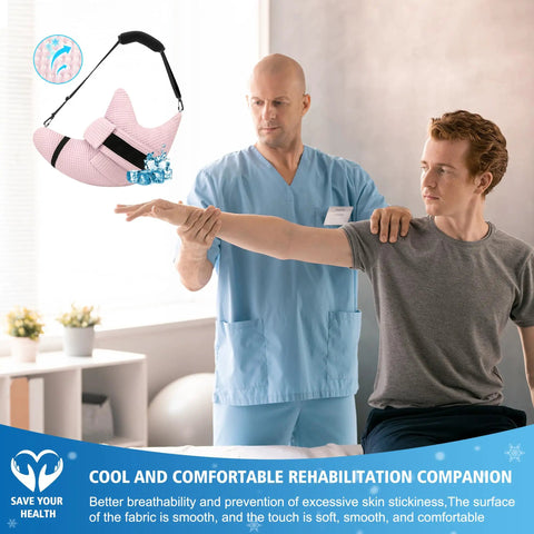 Cooling Shoulder Surgery Pillow With Ergonomic Design For Postop Relief with doctor assisting patient in rehab