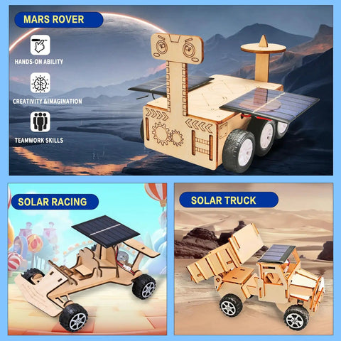 Three wooden models from the 6-In-1 Solar Powered STEM Building Kit For Kids: Mars rover, solar racing car, and solar truck.