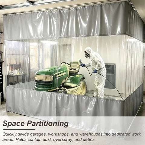 Heavy Duty Thermal Insulated Garage Divider Curtain With Smooth Glide Track Pvc Partition Screen For Shops And Warehouses Blocks Dust And Paint Spray Like A Champ in a workspace with a tractor.