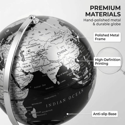 6 Inch World Globe With Antique Bronze Stand For Desktop Decor And Geography Learning Ideal For Home Office And Classroom Use Silver Finish, showing polished metal frame.