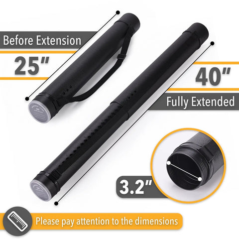 Extendable Poster Storage Tube With Strap Hits Different shielding rolled posters, shows dimensions 25" to 40" and 3.2" diameter.