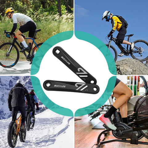 Beefy Aluminum Crank Arm Set For E Bikes And Mountain Rigs, shown with cyclists on various terrains, square and diamond interface