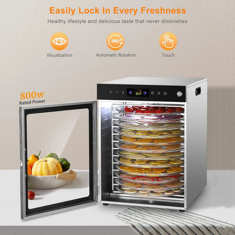 Heavy Duty Twenty Chamber Electric Food Dehydrator Featuring Smooth 360 Degree Hot Air Circulation And Twenty Four Hour Programmable Timer, showcasing food trays loaded with fruits.