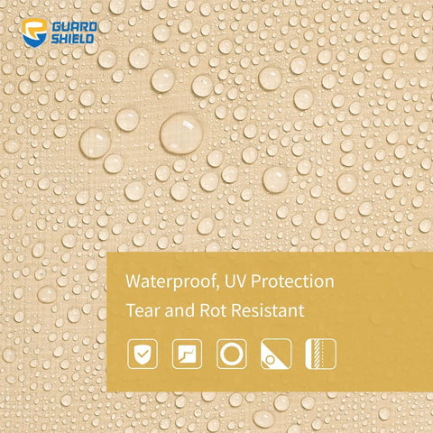 Close-up of Beige 12x20 Ft Heavy Duty Waterproof Tarp With Grommets Every 3 Ft, 10 Mil Woven Polyethylene, water droplets visible.
