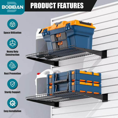 Hardcore Heavy Duty Metal Slatwall Shelves Two Pack With A Slick Black Powder Coat Finish Rock Solid Build supports 55 pounds of tools and containers.