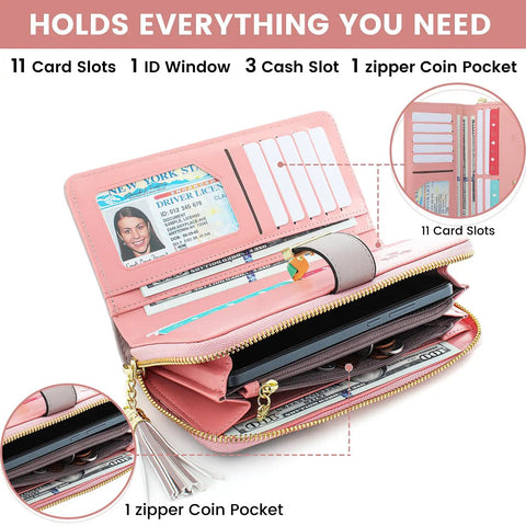 Open RFID Blocking Large Capacity Womens Bifold Wallet With ID Window Zipper Coin Pocket Dope Ice Cream Design, showing card slots
