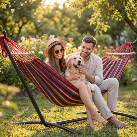 Double Hammock With Heavy Duty Steel Stand Portable Easy Assembly 600Lb Weight Capacity Adjustable Hooks Cotton Comfort Durable Frame Carrying Bag Included Ideal For Indoor Yard Camping And Outdoor Rainbow with couple and dog in garden setting