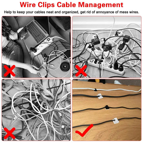 Messy cables before and after using 50 Pack Cable Clips With Two Sizes Medium And Large White Wire Holder And Organizer For Car Office
