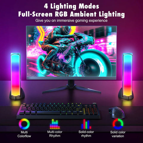 RGB PC Gaming Speakers With Full Screen LED Breathing Light And 4 Dynamic Modes, 2.0 Channel Stereo Sound next to monitor