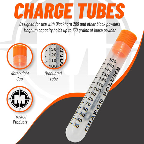 Magnum Charge Tubes For BH209 Muzzleloaders 150 Grain Powder Capacity with airtight cap and graduations for easy measurement.