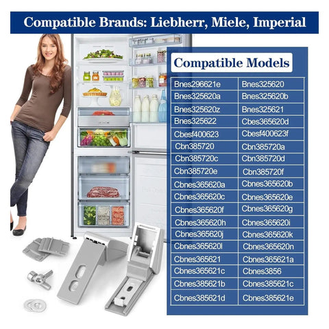 2 Pieces 9590178 Fridge Hinges Replacement Part For Freezer 9590124 9590190 Hinge Set displayed with compatible fridge models.