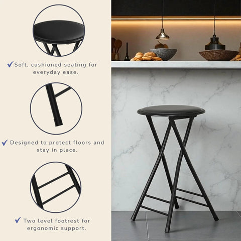 Backless Folding Stool, 24-Inch Tall, 225Lb Capacity, Handy Indoor Counter Bar Stool For Kitchen Or Rec Room, Black, shown folded.