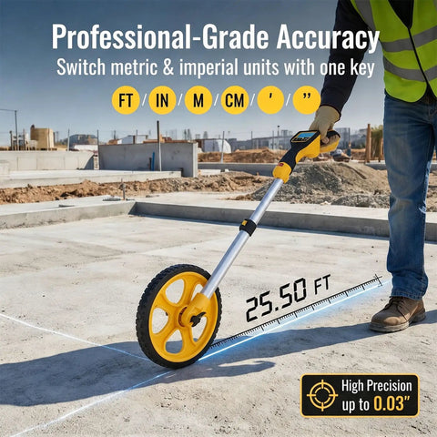 Digital Distance Measurement Wheel With Backlit Display And Memory Storage For Dead On Precision No Sweat Project Planning Kickass Yardage Tracker Designed For Smooth Metric And Imperial Conversions Pro Grade Field Gear measuring distance on a construction site with high precision.