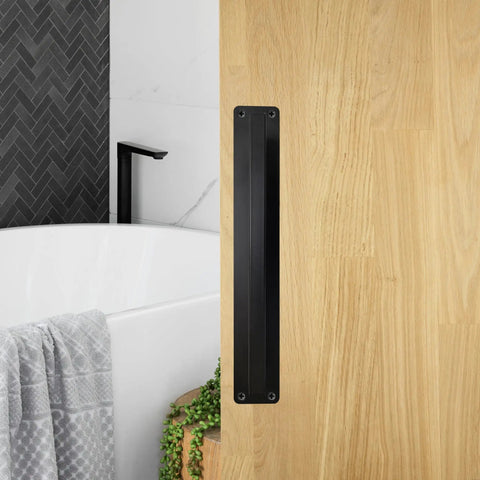 Heavy Duty 10 Inch Sliding Door Handle In Matte Black Stainless Steel Surface Mount on wood grain door near bathtub
