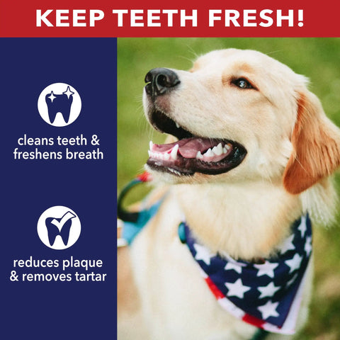 Dog wearing bandana with text about fresh teeth; Beefhide Dog Chew Rolls 8 Inch Made In USA Natural Flavor 15 Count Pack