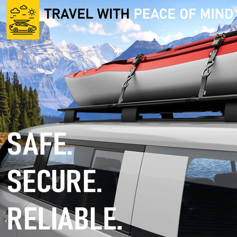 Heavy Duty Soft Loop Tie Down Straps 6 Pack 1500 Pound Working Load 4500 Pound Break Strength securing kayak on car roof rack in scenic outdoors.
