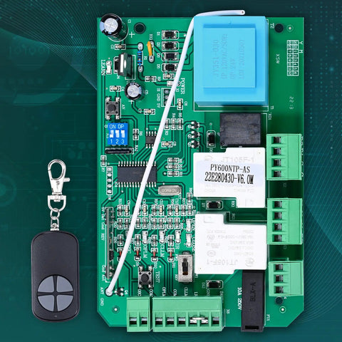 AC Sliding Gate Opener Control Board Replacement with remote, green PCB circuit board against technical background