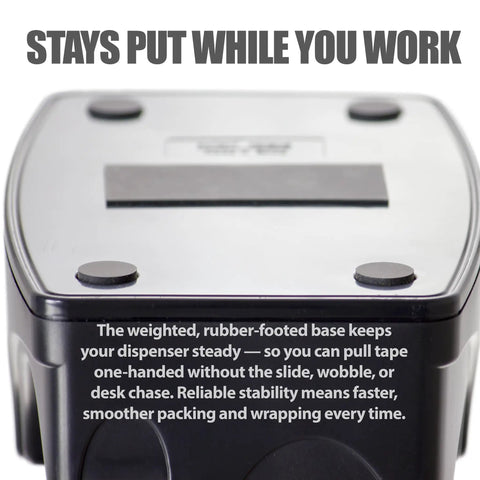 Heavy Duty Dual Function Tape Dispenser Built Tough For All Your Packing Needs Featuring Weighted Five Point Five Pound Base for stability.