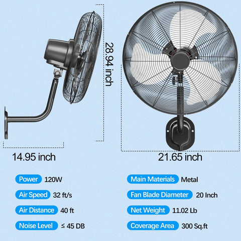 Dimensions and specifications of 20 Inch High Velocity Wall Mount Industrial Fan with 7200 CFM Wired Remote, showing side and front views