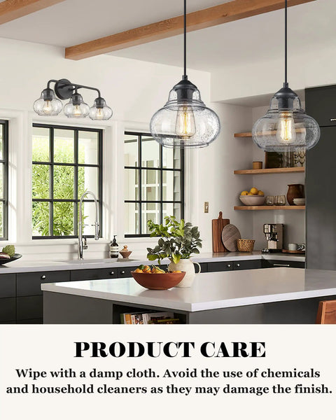 Dope Three Light Farmhouse Style Bathroom Vanity Light With Globe Bubble Glass Shades in modern kitchen setting
