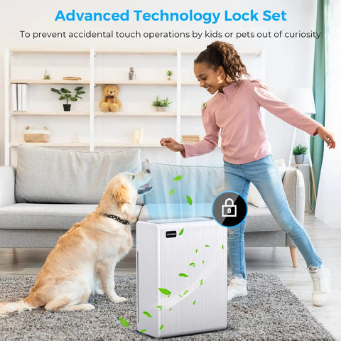 Woman and dog near air purifier with lock feature in living room, H13 True HEPA Replacement Filter For E 300L Air Purifier 3 In 1 Filtration System.