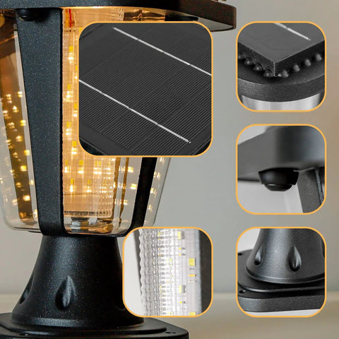 Close-up of Large Outdoor Solar Powered LED Light Warm White Pillar Lamp 2-Pack with rust-resistant cast aluminum and glass panels