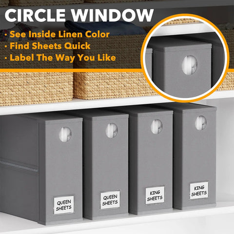 Keep Your Bedding Slick With These Foldable Sheet Organizers, 4 Pack XL Storage Folders Featuring Peek Windows For Queen And King Sets, Straight Up The Best Linen Closet Game Changer In Gray. Foldable gray storage bins with circular windows and labels for queen and king sheets.
