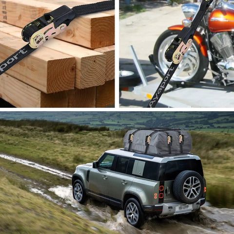 Heavy Duty Ratchet Strap Tie Downs Kit With S Hooks 2500 Lb Break Strength securing cargo on vehicle roof rack and motorcycle.