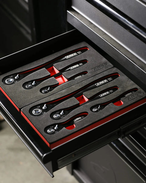 Dual Tone 72 Tooth Ratchet Set With Easy Quick Release Sockets in black and red foam case in tool drawer