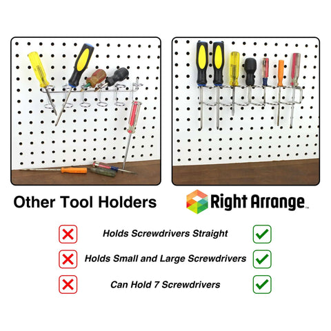 Comparison of tool holders on pegboard displaying Two Pack Pegboard Screwdriver And Pliers Holder, organized tool alignment.