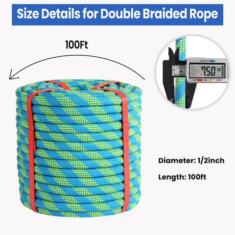 Half Inch By Hundred Feet Arborist Tree Climbing Rope Forty Eight Strand Polyester Static Bull Line, 100ft coil with blue and green design.