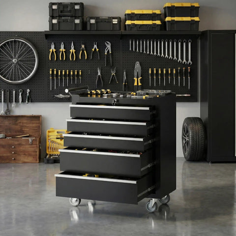 5 Drawer Rolling Tool Chest On Wheels With Locking System And Drawer Liners Beefy Heavy Duty Steel Tool Storage Cabinet For Workshop Garage Or Warehouse Industrial Grade Black in workshop setting