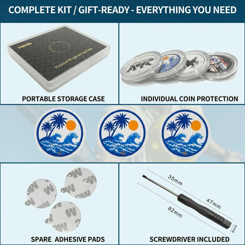 Counterbalance Pickleball Paddle Cap Coins 5g 10g 15g Set with case, protective covers, adhesive pads, and screwdriver included.