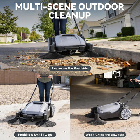 43 Inch Walk Behind Floor Sweeper With 15 Gallon Hopper Heavy Duty Industrial Cleaner For Warehouses in use outdoors clearing leaves, pebbles, and wood chips.
