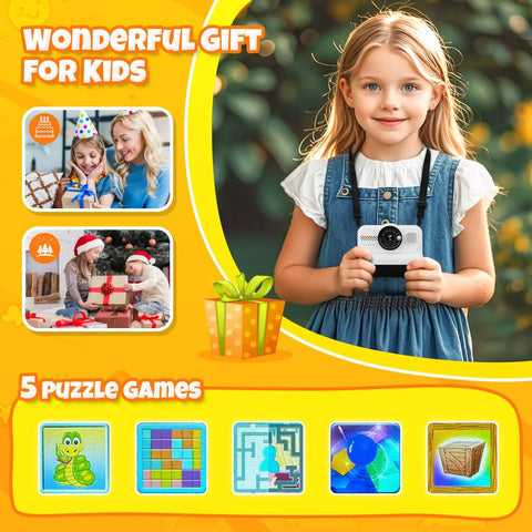 Kids Instant Print Camera With 1080P HD Imaging And No Ink Thermal Printing Includes 3 Rolls Photo Paper And 32GB Memory Card, girl holding camera