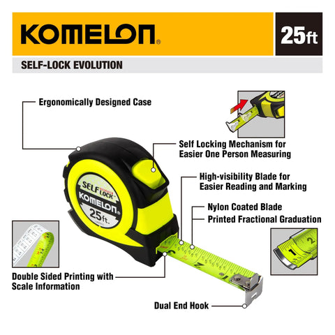 25 Foot Self Locking Tape Measure Auto Retract Hi Vis Blade Clear Fraction Print Rugged Nylon Case highlighted features.