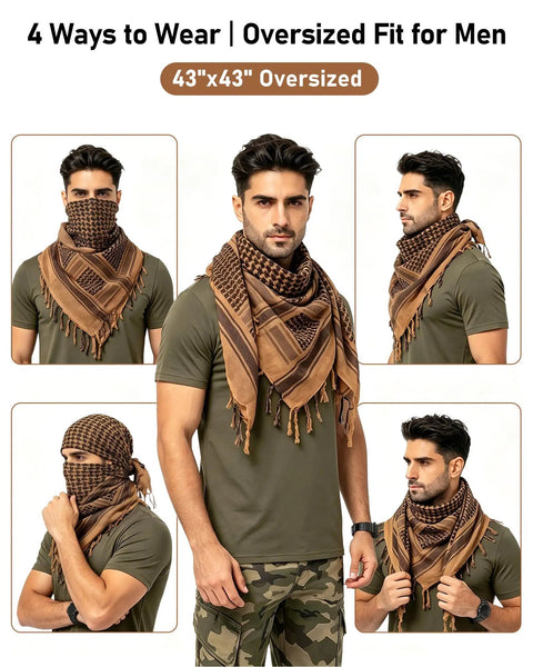 Man wearing Military Style Shemagh Desert Scarf Wrap 100 Percent Cotton Keffiyeh Neck Headwear For Men And Women Desert Tan