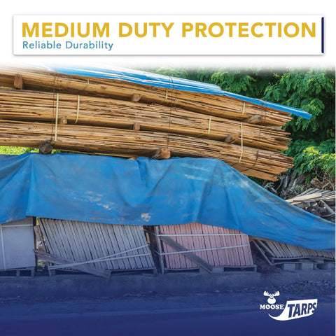 Medium Duty 40 By 40 Foot Water Resistant Tarp With 5 Mil Thickness Reversible Blue And Silver Tough As Nails covering wood pile