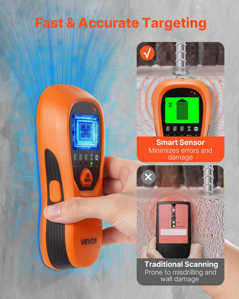 No More Blind Swinging Drill Holes 5in1 Stud Finder Wall Scanner With Sharp Smart Sensor And Crisp Lcd Readout Audio Alert for accurate wall scanning.