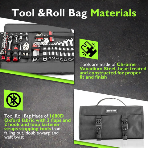 64 Piece Motorcycle Tool Kit With Roll Pouch Ride Ready Roadside Rescue Set with organized wrenches and tools
