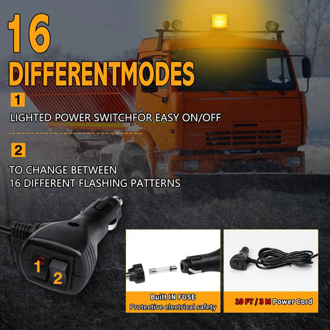 Heavy Duty 60 Led Amber Magnetic Strobe Light Featuring Hella Bright Illumination And Waterproof Build For Pickup Trucks Forklifts And Utility Gear Rock Solid Fitment With Plug And Play Simplicity That Gets Your Ride Noticed Instantly showing 16 modes switch and 10 ft power cord.