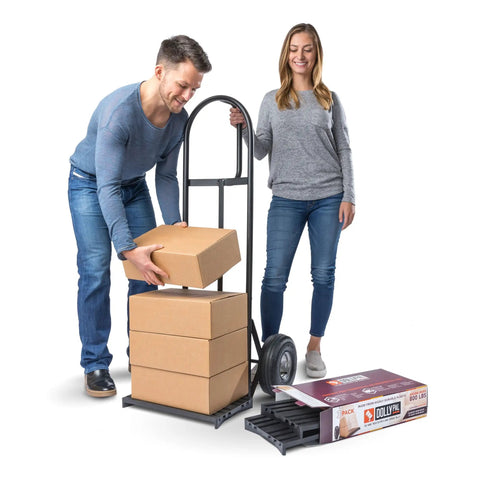 Two people loading boxes onto Built Tough Hand Truck Helper And Mini Storage Pallet Deck Made For Smooth Sailing On Concrete Floors With Serious Weight Carrying Power For Heavy Jobs Three Pack.