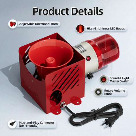 Rock Solid Heavy Duty Plug In Security Alarm With Blinding Led Strobe And Loud As Heck 120 Decibel Siren IP55 weather-ready housing with adjustable horn.