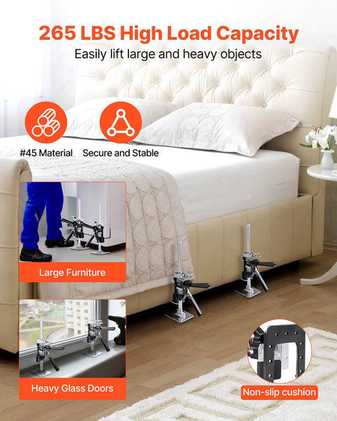 2 Pack Heavy Duty Steel Labor Saving Arm Jacks, 265 Lb Rated Lifts 6.5 Inches Flat, magnetic level under bed.