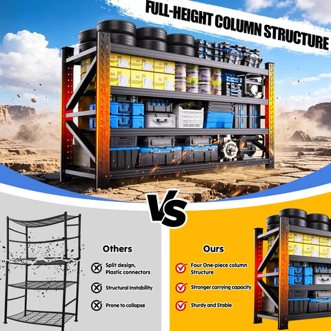Heavy Duty Bulletproof Four Tier Steel Storage Shelves For Garage And Workshop With Wide 79 Inch Base, full-height design with organized storage.