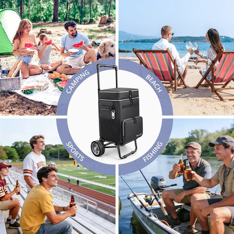 Large Collapsible Soft Sided Cooler On Wheels With A Big 7 Inch Wheel 84 Can Capacity Perfect For Beach Trips Camping Fishing And Road Trips 20 Plus Hour Ice Retention Leakproof And Anti Tipping Design shown in various outdoor settings: camping, beach, sports, and fishing.