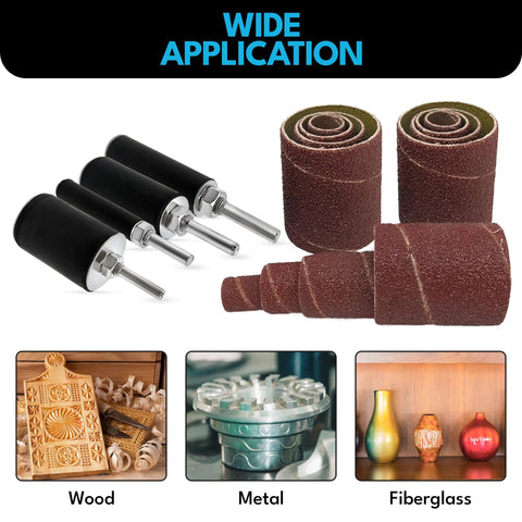 Sanding Drum And Sleeve Set For Drills And Drill Presses, Spindle Sander Attachment with various grits and applications.