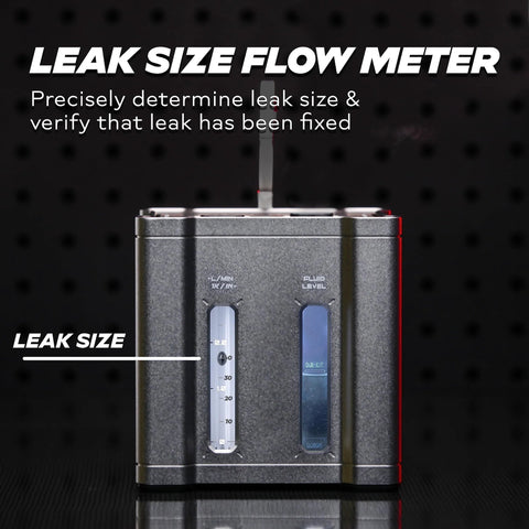 Front view of AutoLine Pro automotive leak size flow meter in gray metal housing with two vertical gauges.