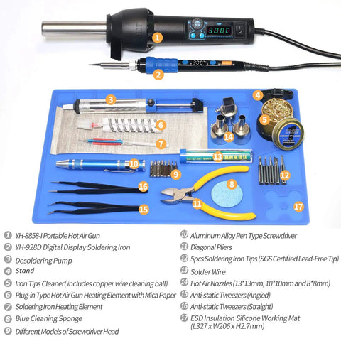 All In One Portable Soldering And Hot Air Rework Kit With PID Temperature Control 65W Soldering Iron set on blue mat